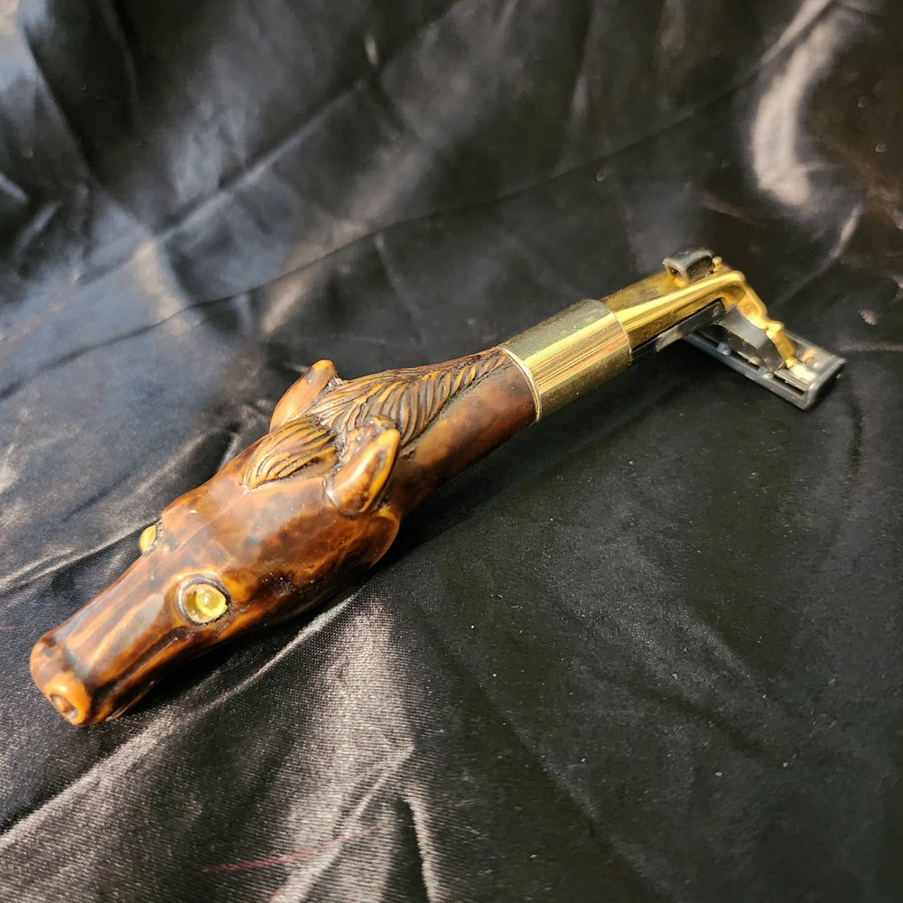 Vintage Carved Horse Head Razor Shaver Gold Accents Rhinestones Gillette Blades